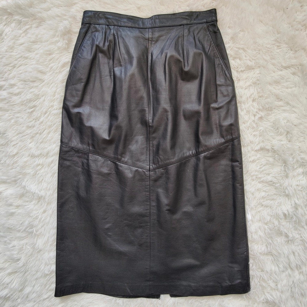 Vtg 90s Evan‎ Davies Black Nappa Leather Midi Pencil Skirt Womens Med Tailored